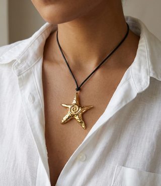 Stainless Steel Large Spiral Starfish Pendant Cord Necklace