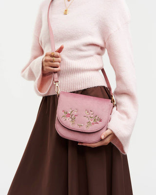 Beth Floral Posy Embroidered Saddle Bag in Rose Pink Velvet