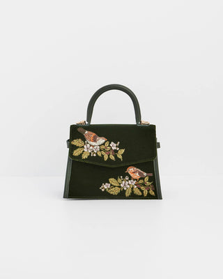Eliza Wren Embroidered Top Handle Bag in Green Velvet