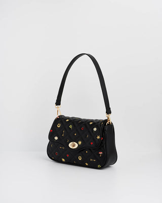 Black Quilted Motif Embroidered Crossbody