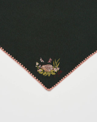 Hedgehog Embroidered Knitted Triangle Scarf in Forest Green