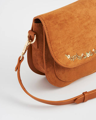 Floral Tan Faux Suede Embroidered Saddle Bag