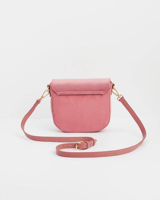 Beth Floral Posy Embroidered Saddle Bag in Rose Pink Velvet
