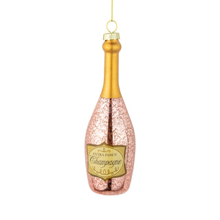 Glass pink champagne bottle orn, gold label