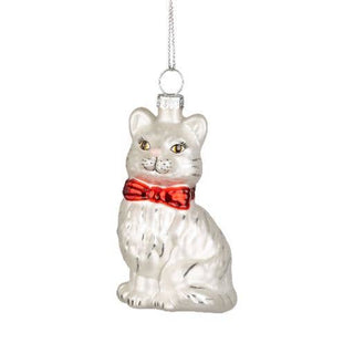 Glass cat orn with a red bowtie, cream