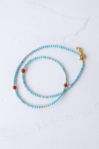 Turquoise Bead Necklace with Red Natural Stone Accents