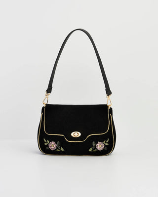 Rose Embroidered Black Clutch