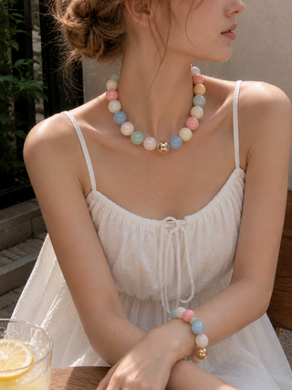 Pastel Marble Statement Beaded Necklace & Bracelet Set