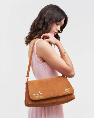 Floral Tan Faux Suede Embroidered Shoulder Bag