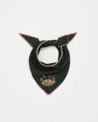 Hedgehog Embroidered Knitted Triangle Scarf in Forest Green