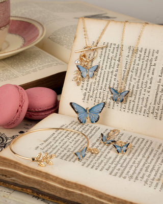 Enamel Blue Butterfly & Leaf Charm Necklace