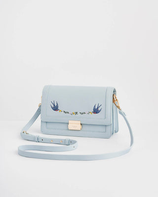 Bird Blue Embroidered Foldover Bag