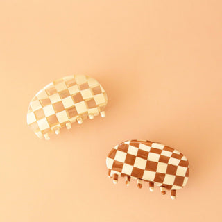 Round Checker Hair Claw - Cognac/Ivory