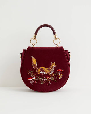 Fox & Mushroom Embroidered Velvet Saddle Bag