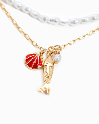 Sea Life Layered Pearl & Fish Charm Necklace