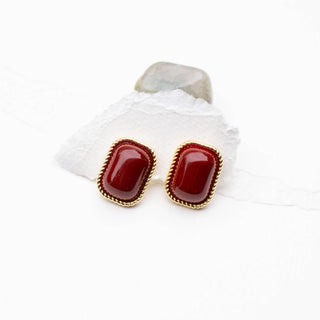 Glossy Red Rectangle Stud Earrings