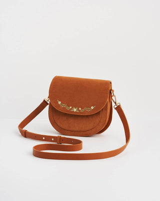 Floral Tan Faux Suede Embroidered Saddle Bag