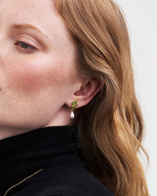 Oak Leaf Pearl Drop Gold Earrings