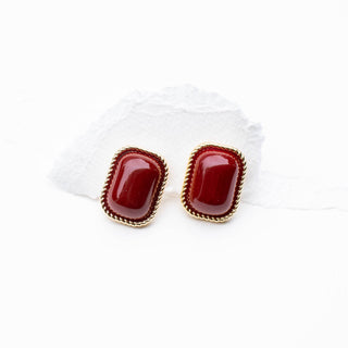 Glossy Red Rectangle Stud Earrings