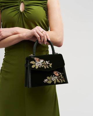 Eliza Wren Embroidered Top Handle Bag in Green Velvet