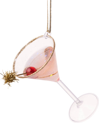 Clear martini glass orn, gold, pink drink