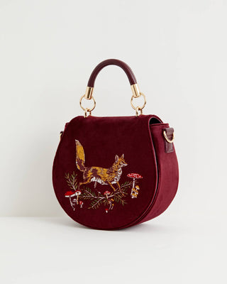 Fox & Mushroom Embroidered Velvet Saddle Purse
