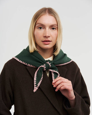 Hedgehog Embroidered Knitted Triangle Scarf in Forest Green