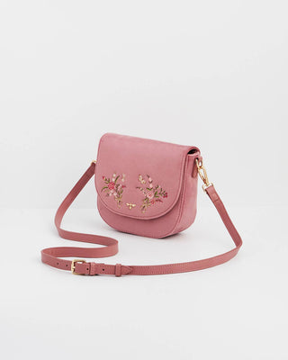 Beth Floral Posy Embroidered Saddle Bag in Rose Pink Velvet