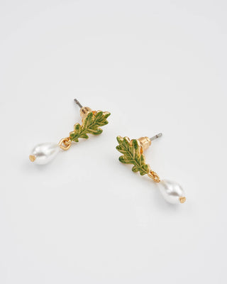 Oak Leaf Pearl Drop Gold Earrings