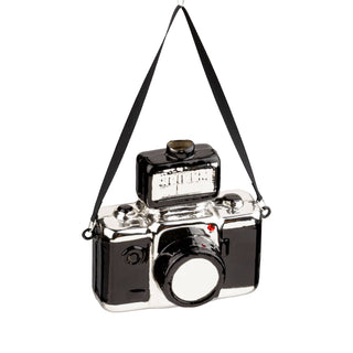 Glass vintage camera orn,black/silver