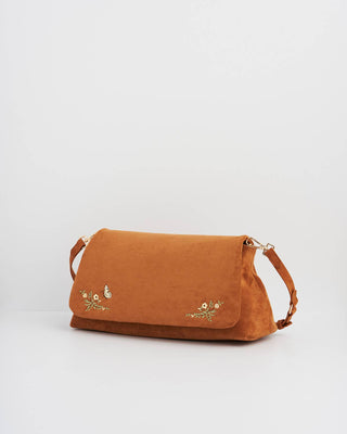 Floral Tan Faux Suede Embroidered Shoulder Bag