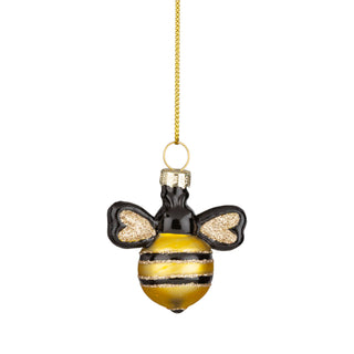 Glass bee orn,black & yellow w/glittered wings