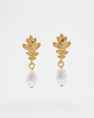 Oak Leaf Pearl Drop Gold Earrings