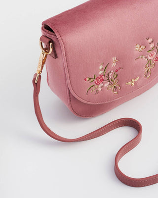 Beth Floral Posy Embroidered Saddle Bag in Rose Pink Velvet