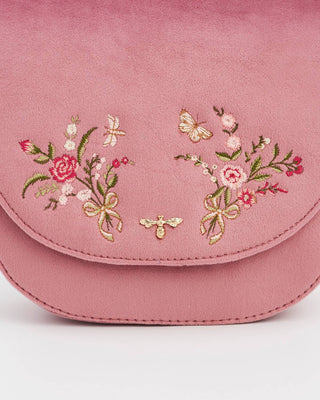 Beth Floral Posy Embroidered Saddle Bag in Rose Pink Velvet