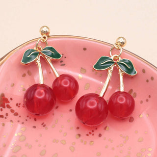 Red Ripe Cherries Post Gold Earrings