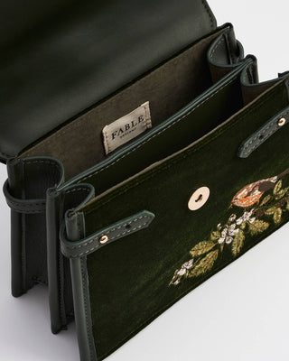 Eliza Wren Embroidered Top Handle Bag in Green Velvet