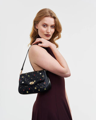 Black Quilted Motif Embroidered Crossbody