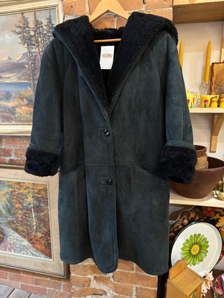 Black Suede Sherpa Coat with Hood