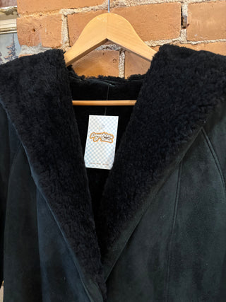 Black Suede Sherpa Coat with Hood