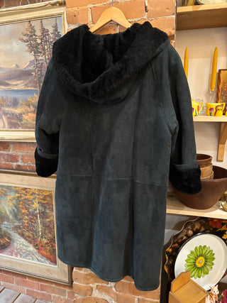 Black Suede Sherpa Coat with Hood