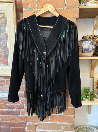 Vintage Black Fringe Leather Jacket with Turquoise Beads