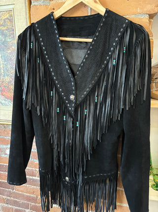 Vintage Black Fringe Leather Jacket with Turquoise Beads