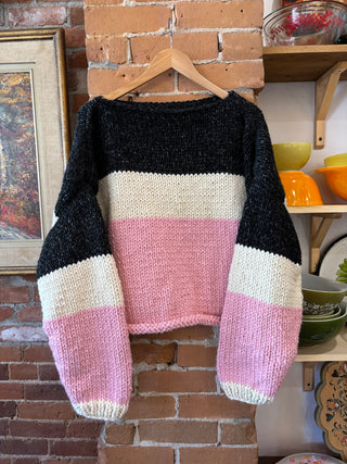 Mom's Hand Knit Sweater - Black Cream and Pink Stripe