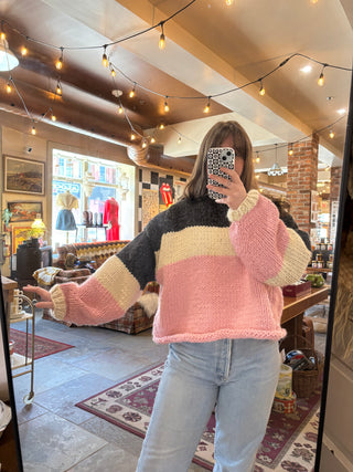 Mom's Hand Knit Sweater - Black Cream and Pink Stripe