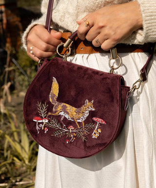 Fox & Mushroom Embroidered Velvet Saddle Bag