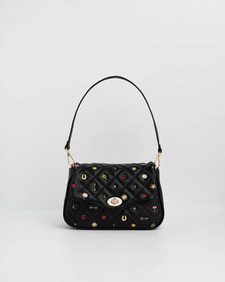 Black Quilted Motif Embroidered Crossbody