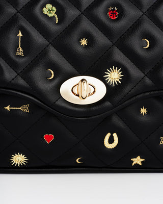 Black Quilted Motif Embroidered Crossbody