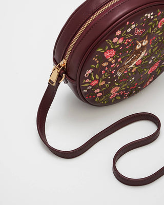 Chloe Owl Embroidered Circle Bag in Burgundy