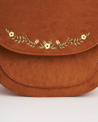 Floral Tan Faux Suede Embroidered Saddle Bag